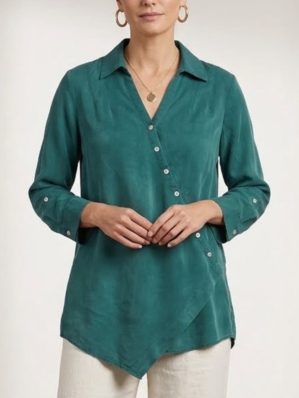 Soft Surroundings Forest Green Asymmetric Wrap Button-Front Tunic Top Large